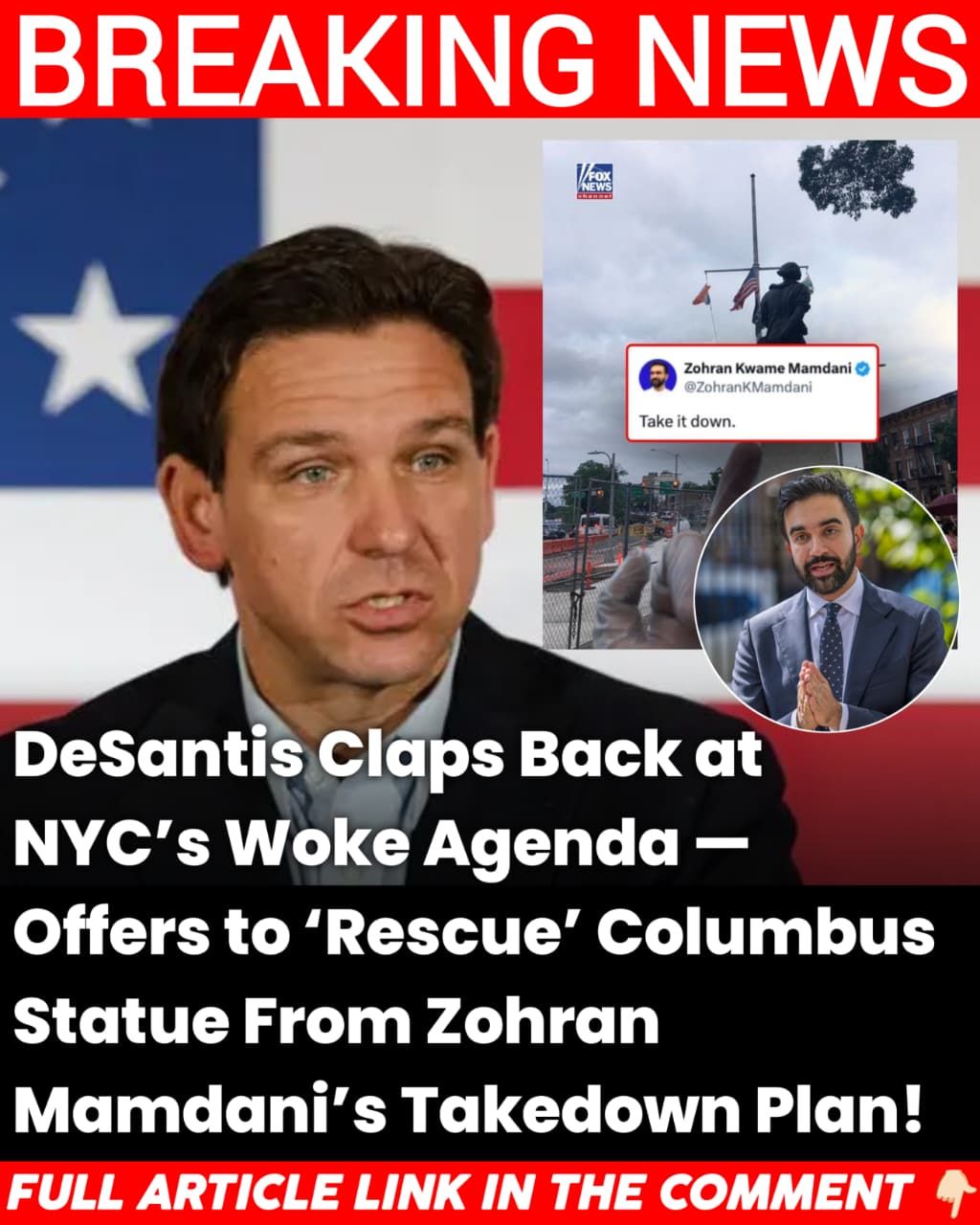 DeSantis Offers to Rescue NYC’s Columbus Statue — Promises to Move It to Florida if Mamdani Tears It Dow